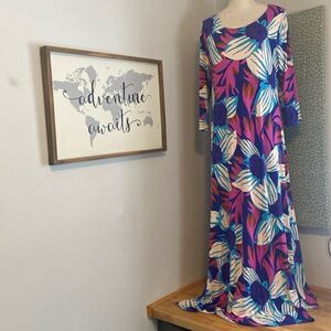 Soft Surroundings Blue & Purple Large Floral Print 3/4 Sleeve Maxi Dress Size L